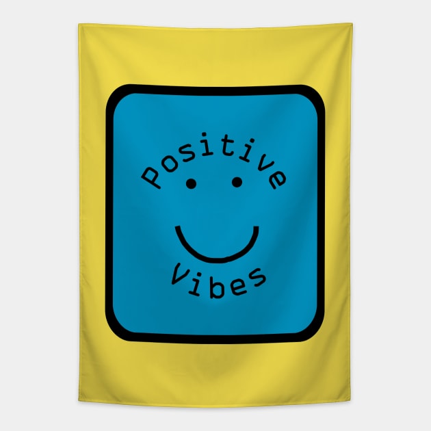 Positivity Vibes Smiley Face Sign Teal Blue Tapestry by ellenhenryart