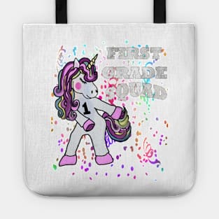 Back to School First Grade Squad Flossing Unicorn Stickers & Gifts Tote