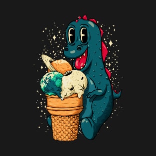 Treat Yo Self - Baby Dino Eating Triple Planet Scoop Ice Cream Cone T-Shirt