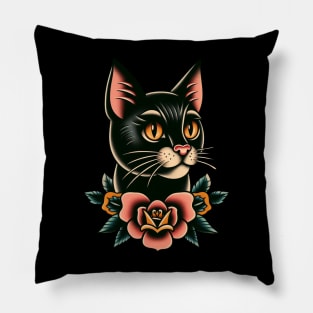 Black cat face tattoo Pillow