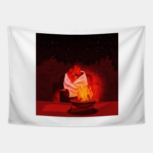 Couple Campfire Cozy Lovers Embrace Together Tapestry