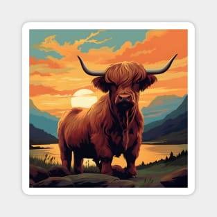 Highland Cattle Sunset Retro Art | Vintage-Inspired Landscape with Scottish Cows Magnet