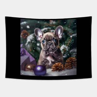 Frenchie puppy enjoys Christmas Tapestry