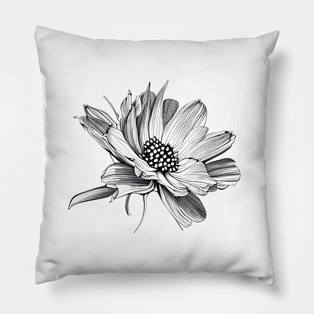 Black & White Digital Flower Drawing Pillow by Prairie Ridge Designs