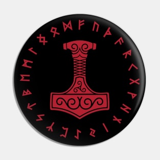 Thors Hammer Mjolnir Norse Pagan Elder Futhark Runes Red Pin