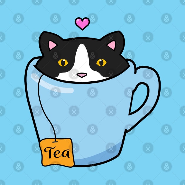 Sweet tuxedo cat sitting in a blue cup of tea by Purrfect