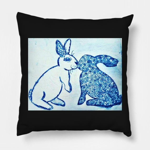 Sweet Kissing Bunnies Pillow by YollieBeeArt