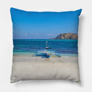 A paradise lagoon beach with a blue longtail boat Pillow