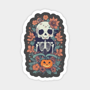 A Skeleton standing in front of flowers and a Halloween pumpkin beside it. Magnet