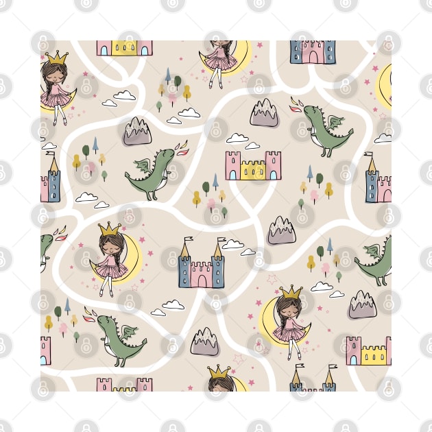Childish seamless pattern with princess and dragon beige background by Arch4Design