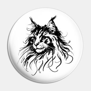 Stick figure of Maine Coon cat in black ink Pin