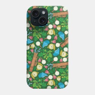 Golden pocket watch and golf clubs case among oak leaves and roses Phone Case