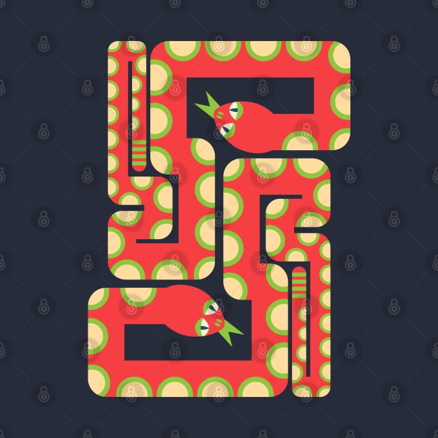 TWO RETRO GRAPHIC SNAKES Geometric Bright Red Green - UnBlink Studio by Jackie Tahara by UnBlink Studio by Jackie Tahara