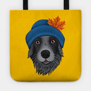 Autumn dog - cozy mood illustration - border collie dog with a hat and a leaf Tote