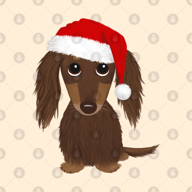 Longhaired Chocolate Dachshund with Santa Hat Cute Dog Christmas by Coffee Squirrel