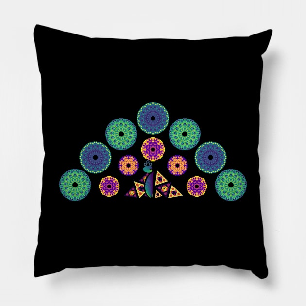 Mandala Peacock | Rainbow Polygons Black Pillow by aRtVerse