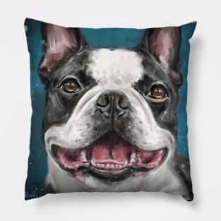 Painting of a Happy Boston Terrier Smiling on Blue Background Pillow