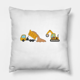 kids drawing of construction vehicles, dump truck unloading gravels and excavator dredging them Pillow