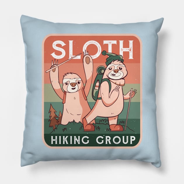 Funny Vintage Sloth Hiking Group Pillow by HiFi Tees