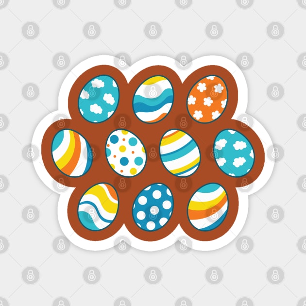 Egg Pattern | Blue Yellow Orange | Stripes Clouds Flowers Dots | Brown Magnet by Wintre2