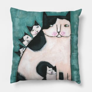 Black and White Mom Cat and Kittens Pillow