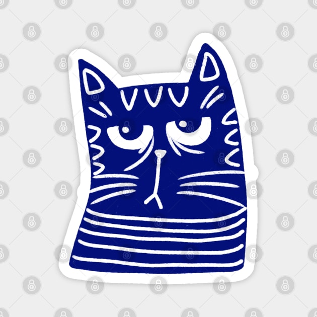 Blue and white cat head with grumpy face Magnet by iulistration