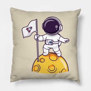 Cute Astronaut Holding Flag On Moon Cartoon Pillow
