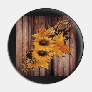 Sunflowers Rustic Floral on Wood Barn Look Background with Pattern Sunflower Pin