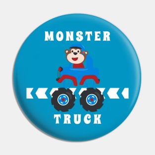 Cartoon vector of monster truck with little animal driver. Pin