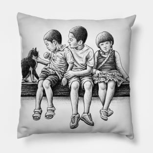 Chidren with Cat Pillow