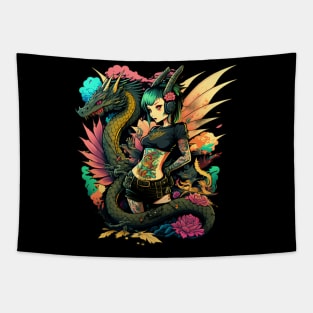 Retro Tattoo Cute Dragon Girl Tapestry