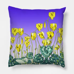 YELLOW CYCLAMENS,GREEN LEAVES UNDER BLUE SKY Floral Pillow