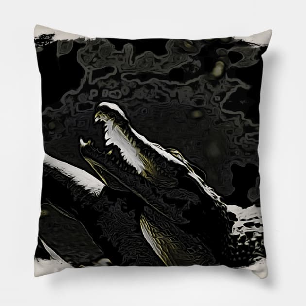 Crocodile in the dark Pillow by Wolf Art / Swiss Artwork Photography