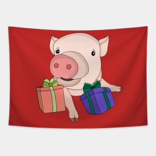 Pig Playing with Gift Boxes Tapestry