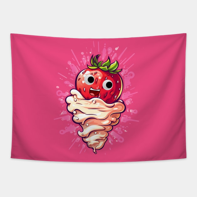 Funny Cartoon Strawberries and Cream Tapestry by MutedTees