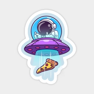 Cute Astronaut Catching Pizza With Ufo Cartoon Magnet