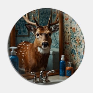 Elegant Deer Looking in Mirror – Funny Bathroom Animal Art for Nature Lovers Pin