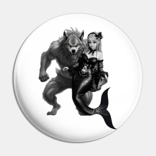 Black and White Mermaid and Werewolf Boyfriend Pin