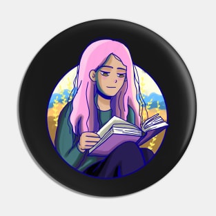 Cute girl with pink hair reading Pin