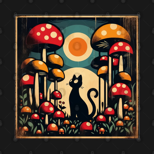 Funny Vintage Black Cat in Mushroom Garden by TomFrontierArt