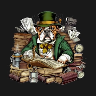 Accountant English Bulldog t-shirt design, a bulldog wearing a green visor and holding a ledger T-Shirt