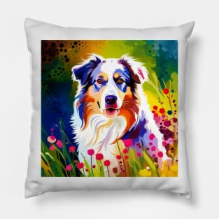 Australian Shepherd in a Field of Flowers Pillow