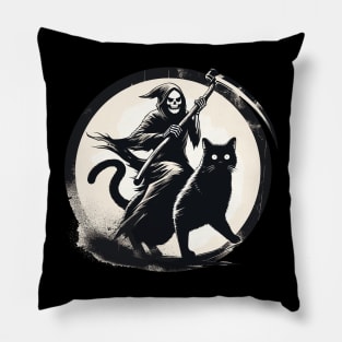 Grim Reaper Riding on Black Cat Pillow