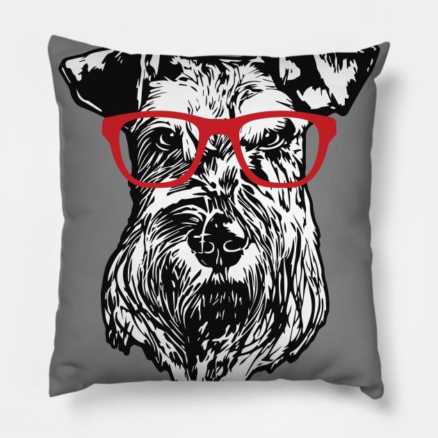 Cool Schnauzer Nerd with Red Glasses Pillow by deelirius8