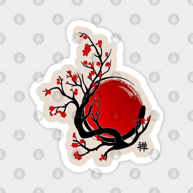 Zen Enso Circle, Sun and Red Sakura Blossom Magnet by Nartissima