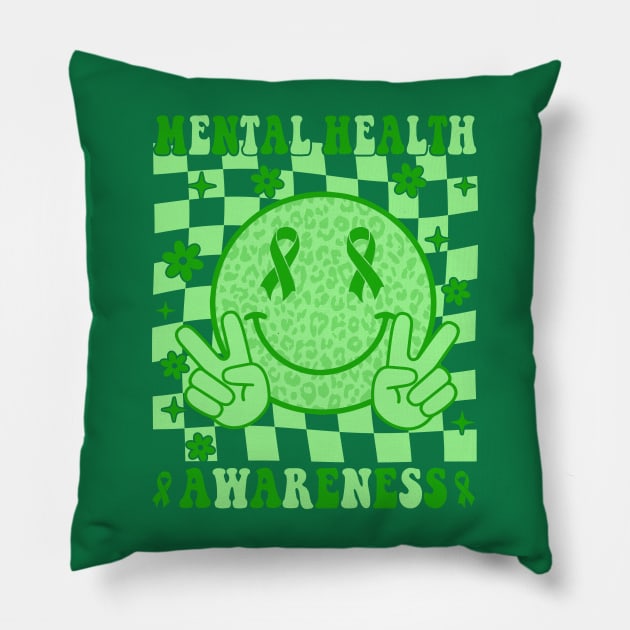 Mental Health Awareness Smile Face Checkered Green Ribbon Pillow by artbyGreen