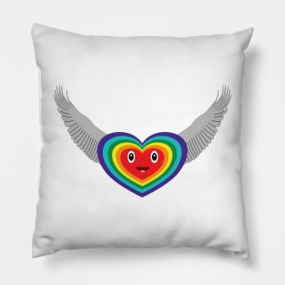 Cartoon of a heart with rainbow colors, flying Pillow