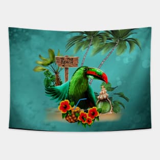 Tropical design with cute toucan with a drink and palm trees Tapestry