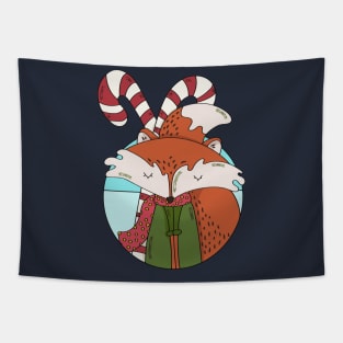 Christmas Fox with Scarf and Candy Canes Tapestry