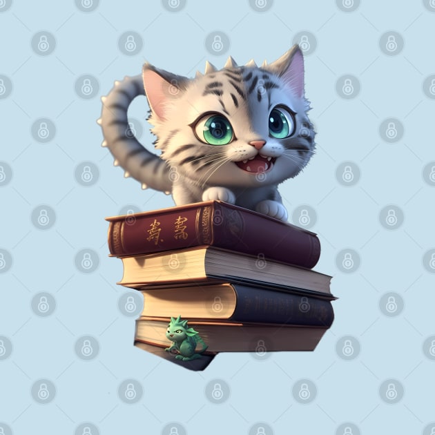 Tabby Dragon Cat with his Books by BrisaArtPrints